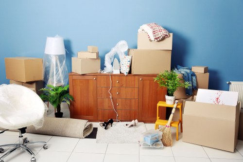 Packed office furniture and equipment ready for transport