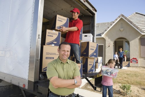 Removal team sorting recyclable moving waste near packing materials